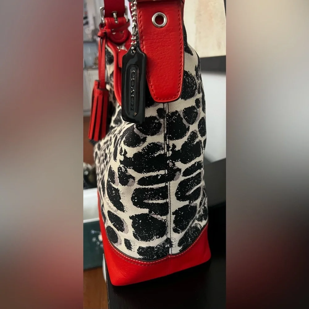 COACH Legacy Ocelot Print Hobo Black Red Multi Canvas Leather Handbag